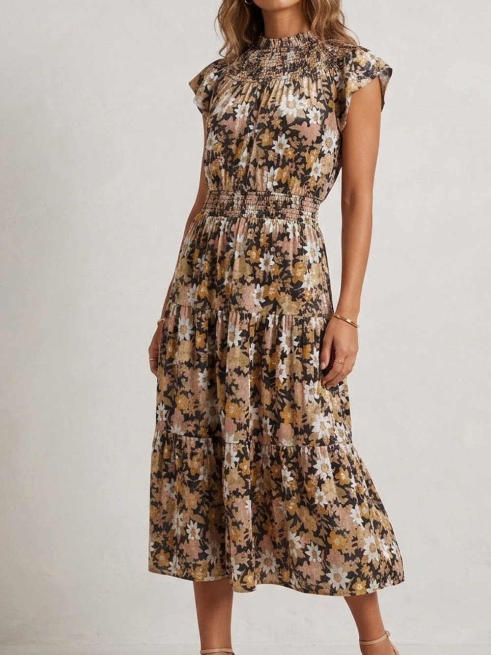 Moodie floral smocked tiered midi dress